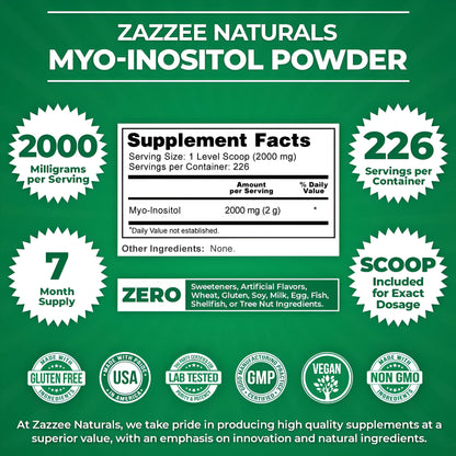 Zazzee Polvo de mio-inositol, 255 porciones, 16 onzas 2000 mg por porción, 100% puro, vegano y sin OMG
