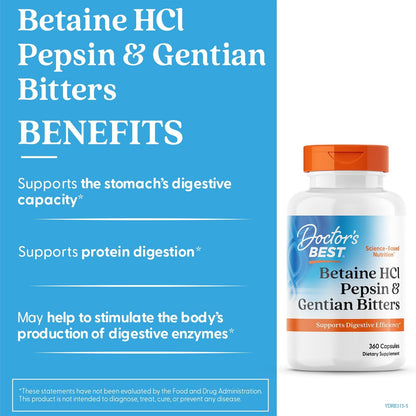 Doctor's Best- Betaine HCI Pepsin & Gentian Bitters,  capsulas
