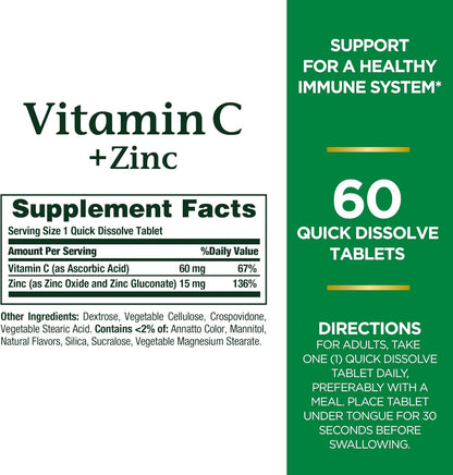 Nature's Bounty Vitamina C con suplemento de zinc, 60 mg, 60 tabletas