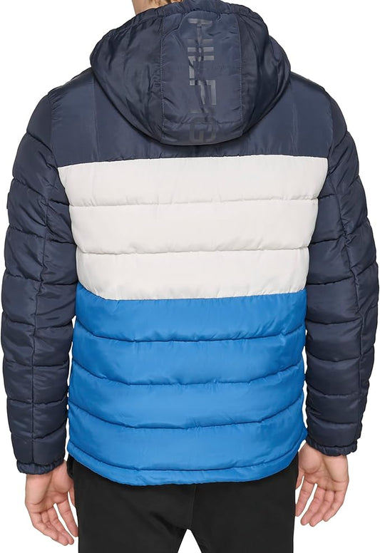 Tommy Hilfiger Chaqueta acolchada resistente al agua con capucha y forro sherpa de peso medio para hombre, Hilfiger Azul