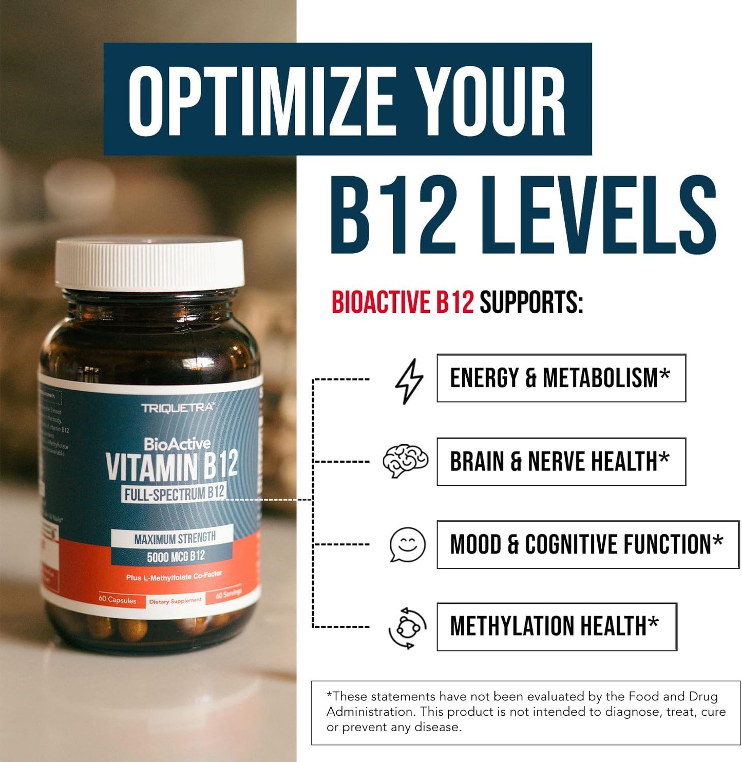 Triquetra - BioActive Vitamina B12 5000mcg resistencia máxima, 60 capsulas
