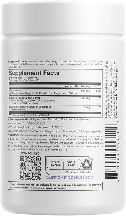 Codeage Suplemento de Glicinato de magnesio Liposomal  120 cápsulas