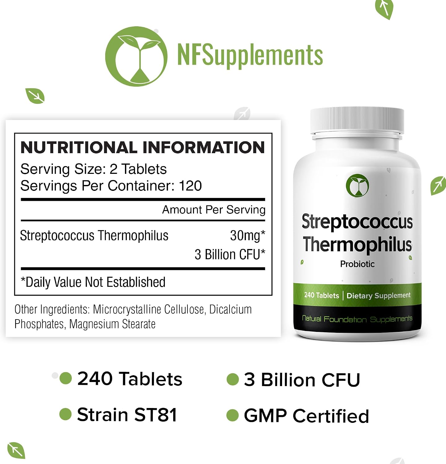 Suplemento probiótico de Streptococcus Thermophilus 240 tabletas