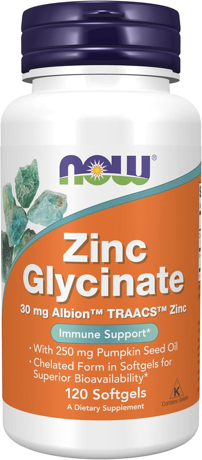 Now - Zinc Glycinate 30mg Albion Traacs Zinc con 250mg pumpkin seed oil, 120 capsulas