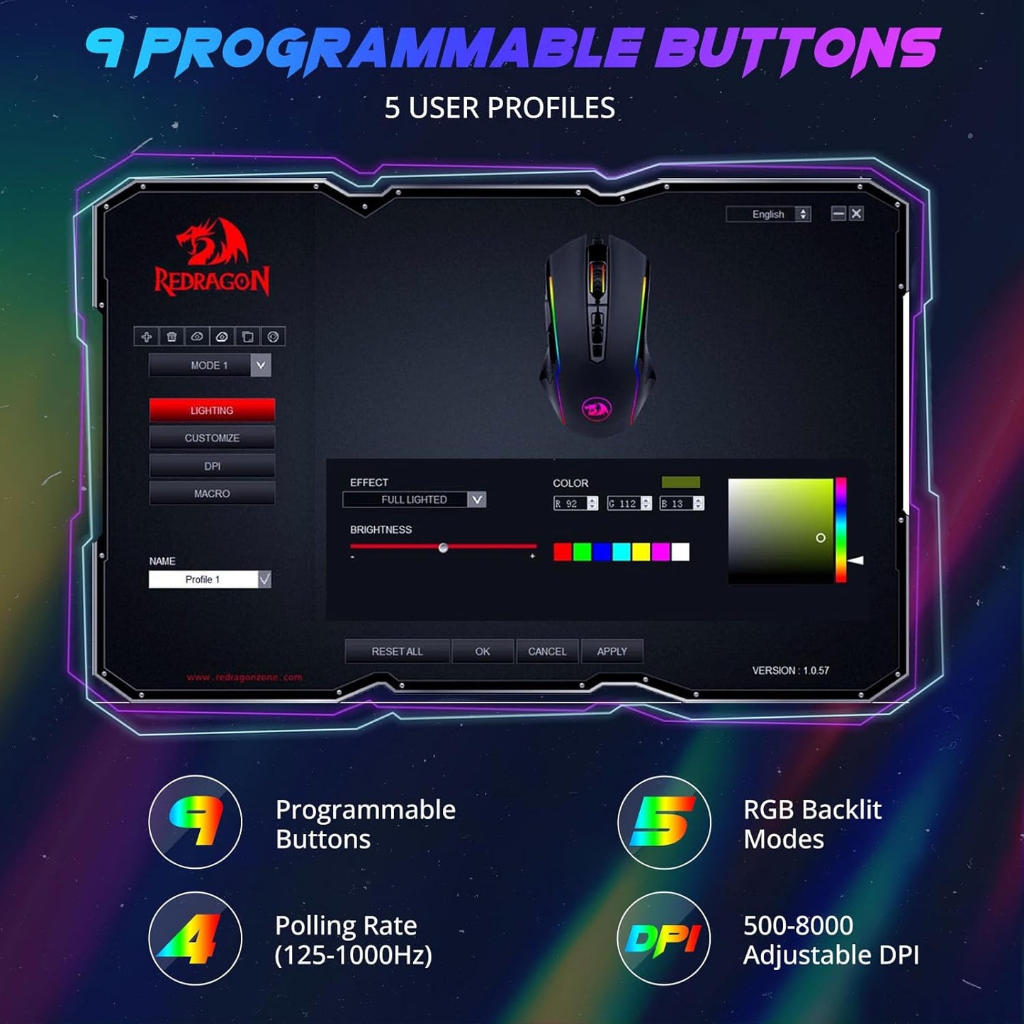Redragon Gaming Mouse, Wired Gaming Mouse with RGB Backlit, 8000 DPI Adjustable