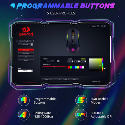 Redragon Gaming Mouse, Wired Gaming Mouse with RGB Backlit, 8000 DPI Adjustable