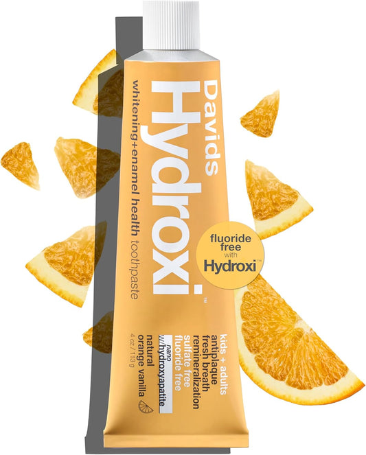 Davids Hydroxi - Pasta de dientes nano hidroxiapatita sin flúor para esmalte saludable y blanqueamiento, antiplaca, sin SLS, sabor a vainilla naranja apta para niños, 113gr