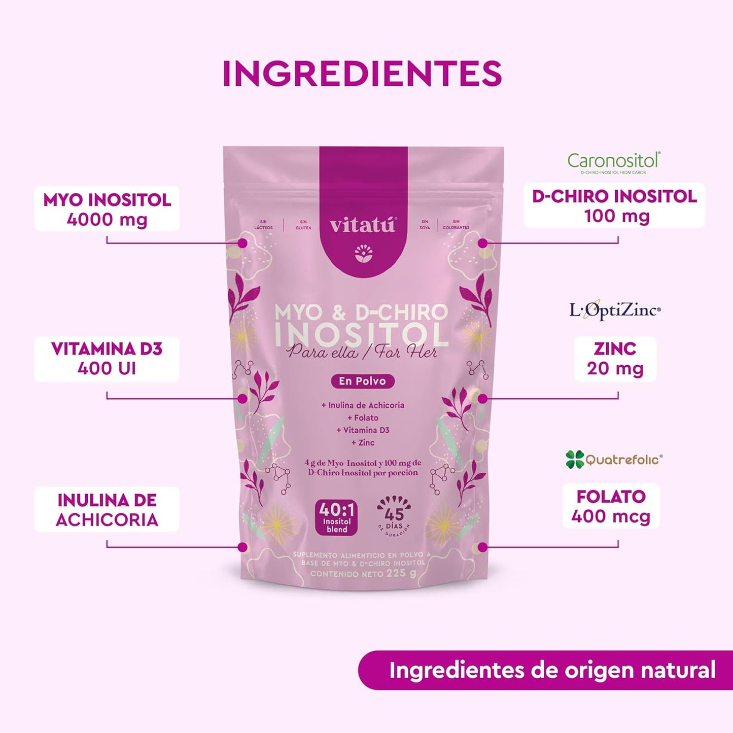 Vitatú Myo Inositol (4g) & D-Chiro Inositol (1g) Ideal Mix 40:1  para 45 Dias con acido Folico y  Vitamin D3 + Zinc,  225 g