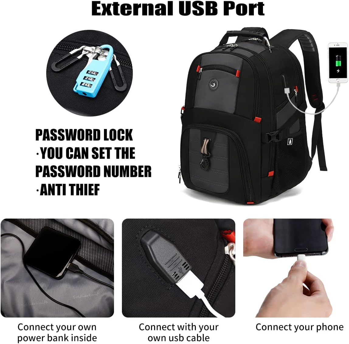 SHRRADOO Mochila de viaje extra grande + puerto USB , para laptop de 17 pulgadas