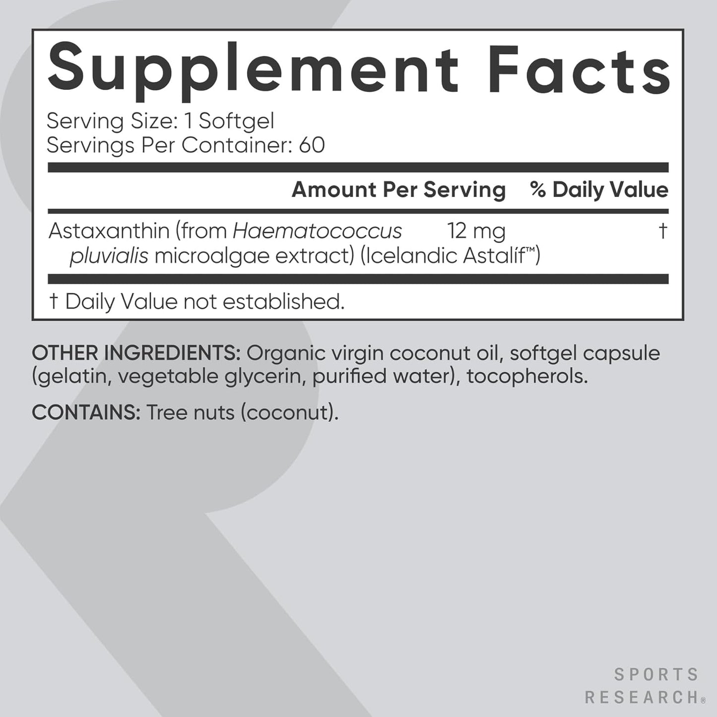 Sports Research® Astaxantina de Triple Fuerza 12mg con Aceite de Coco Orgánico, 60 softgels