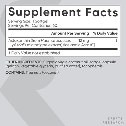 Sports Research® Astaxantina de Triple Fuerza 12mg con Aceite de Coco Orgánico, 60 softgels