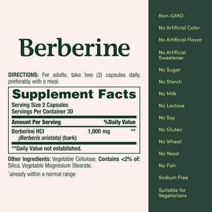 Nature's Bounty Suplementos de berberina, 1000 mg 60 unidades
