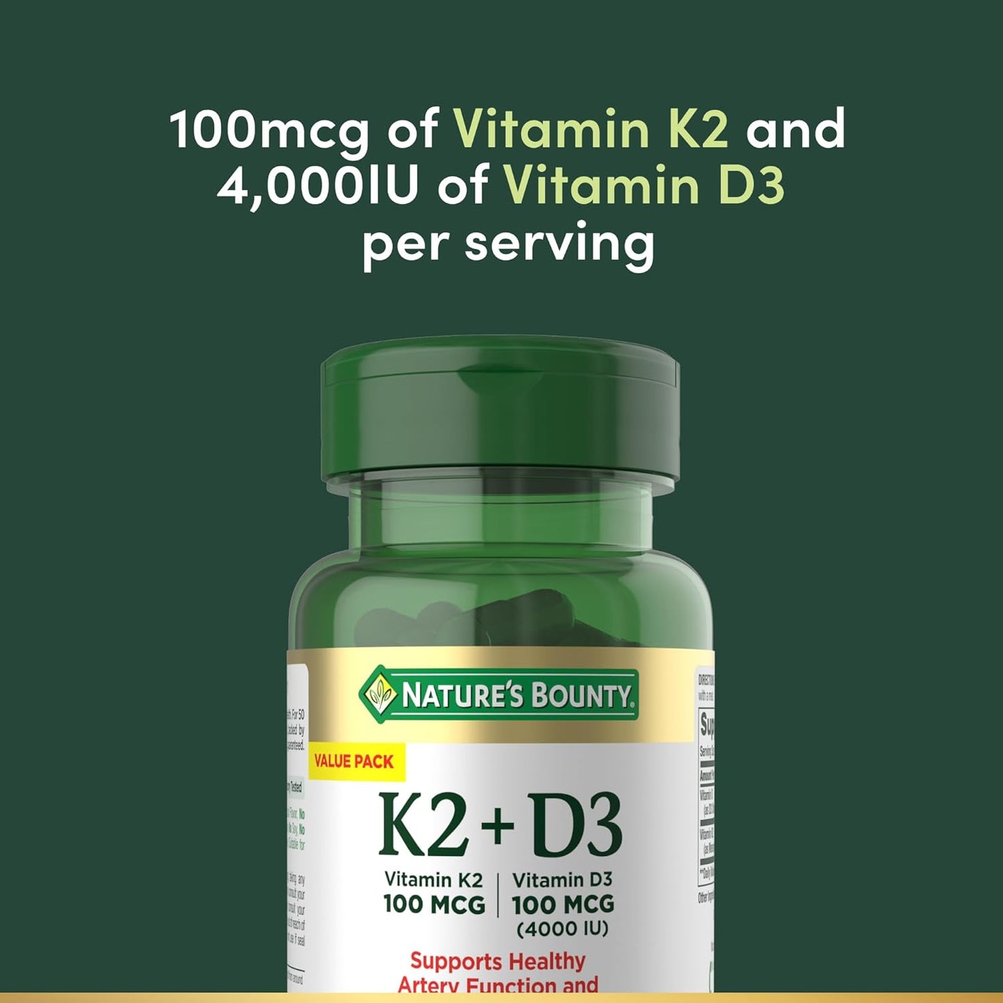 Natures Bounty - Vitamina K2(100mcg) + D3(100mcg - 4000IU) , 60 capsulas