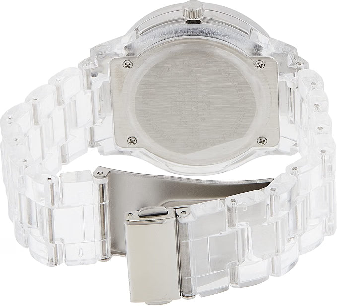 XOXO Reloj de moda para mujer con detalles de bisel de cristal y pulsera de resina transparente