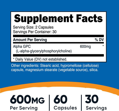Nutricost Alpha GPC 600 mg por porción, sin OMG y sin gluten