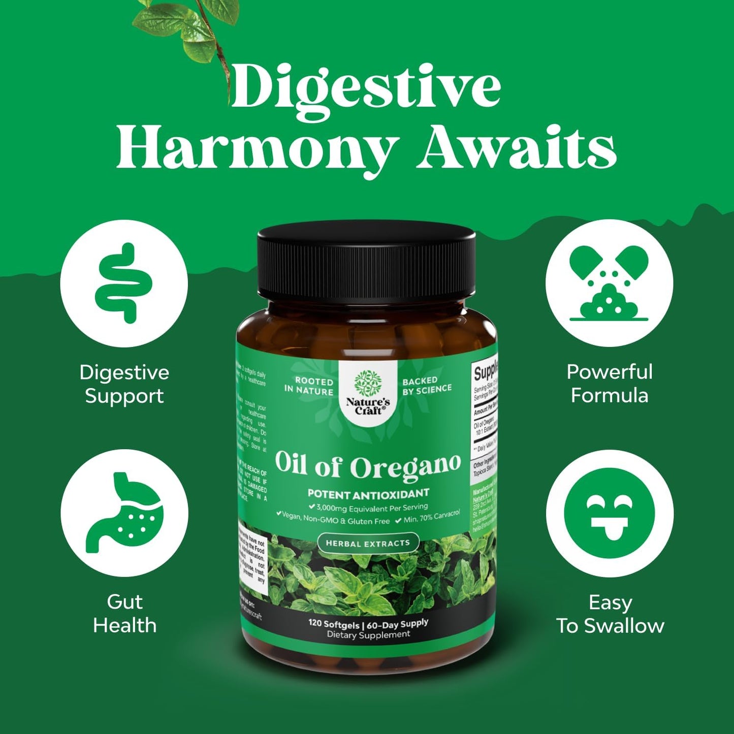 Natures Craft Aceite de Oregano con carvacrol 70% para digestión y apoyo inmunológico, 120 Softgels