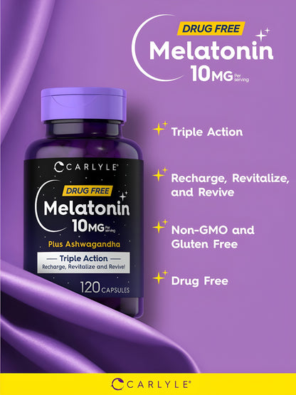 Melatonina 10 mg | 120 cápsulas | con Ashwagandha | Fórmula de triple fuerza | Sin OMG, suplemento sin gluten | por Carlyle