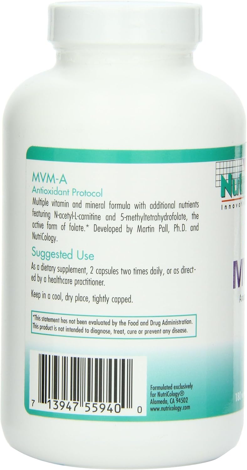 Nutricology MVM-A Suplemento - Multivitamínico para hombres y mujeres, con hierro, vitaminas diarias, para adultos, alta potencia, biodisponible, cápsulas vegetarianas - 180 unidades