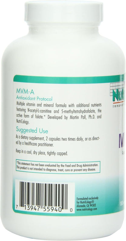 Nutricology MVM-A Suplemento - Multivitamínico para hombres y mujeres, con hierro, vitaminas diarias, para adultos, alta potencia, biodisponible, cápsulas vegetarianas - 180 unidades