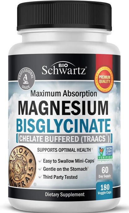 Bisglicinato de magnesio 100% efecto no laxante - Máxima absorción y totalmente reaccionado y tamponado - Energía saludable muscular y apoyo articular - sin OMG -180 mini capsulas