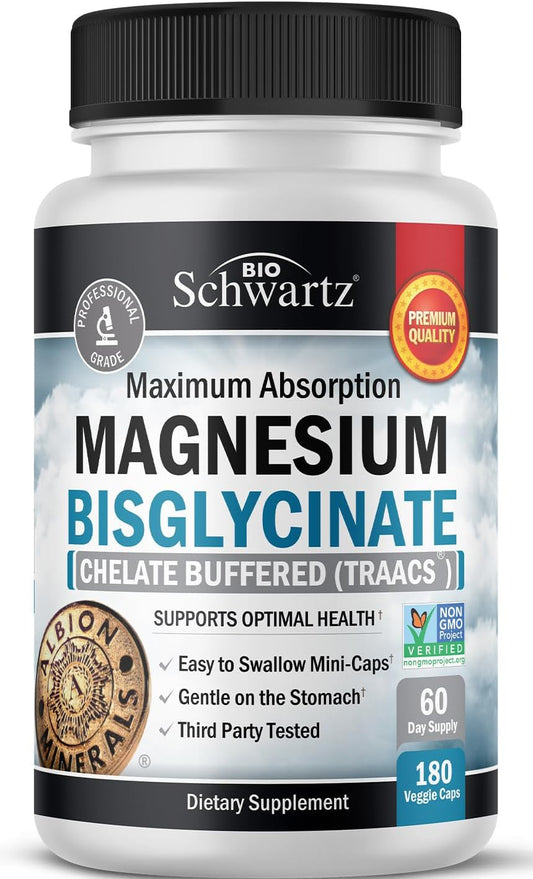 Bisglicinato de magnesio 100% efecto no laxante - Máxima absorción y totalmente reaccionado y tamponado - Energía saludable muscular y apoyo articular - sin OMG -180 mini capsulas