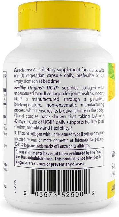 Healthy Origins UC-II 40 mg (colágeno tipo II no desnaturalizado, sin OMG, sin gluten, soporte para las articulaciones), 120 cápsulas vegetales