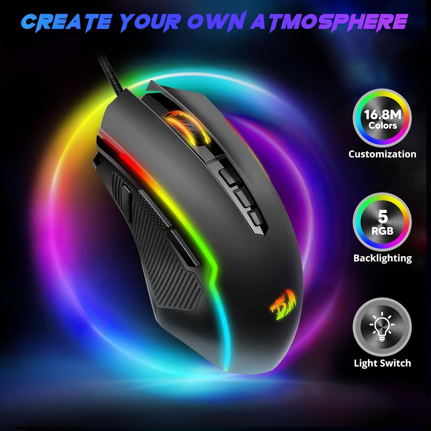 Redragon Gaming Mouse, Wired Gaming Mouse with RGB Backlit, 8000 DPI Adjustable