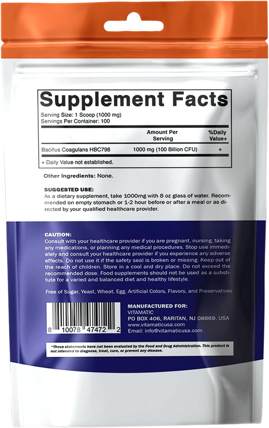 Vitamatic Bacillus Coagulans - Polvo probiótico – Apoyo para la salud digestiva 100 g