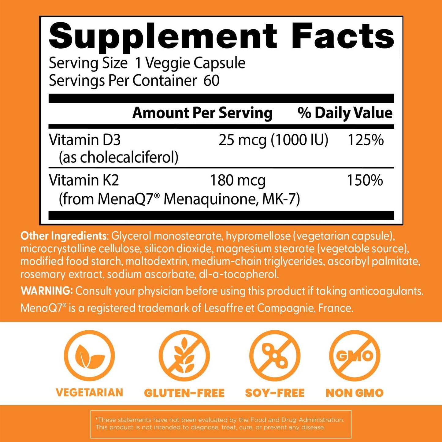 Doctor's Best - Natural Vitamin K2(180mcg) MK-7 Plus D3 25mcg(1000IU), 60 capsulas