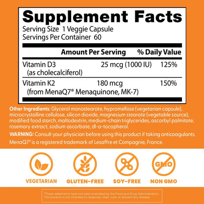 Doctor's Best - Natural Vitamin K2(180mcg) MK-7 Plus D3 25mcg(1000IU), 60 capsulas