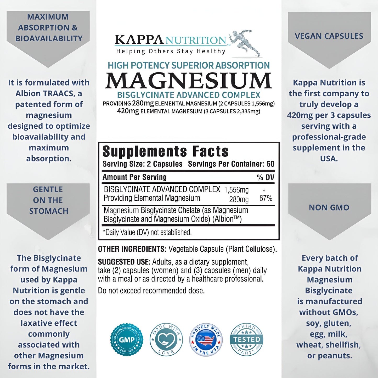 Kappa Nutrition Magnesium Bisglycinate Absorción superior - 120 Cápsulas