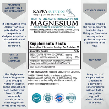 Kappa Nutrition Magnesium Bisglycinate Absorción superior - 120 cápsulas