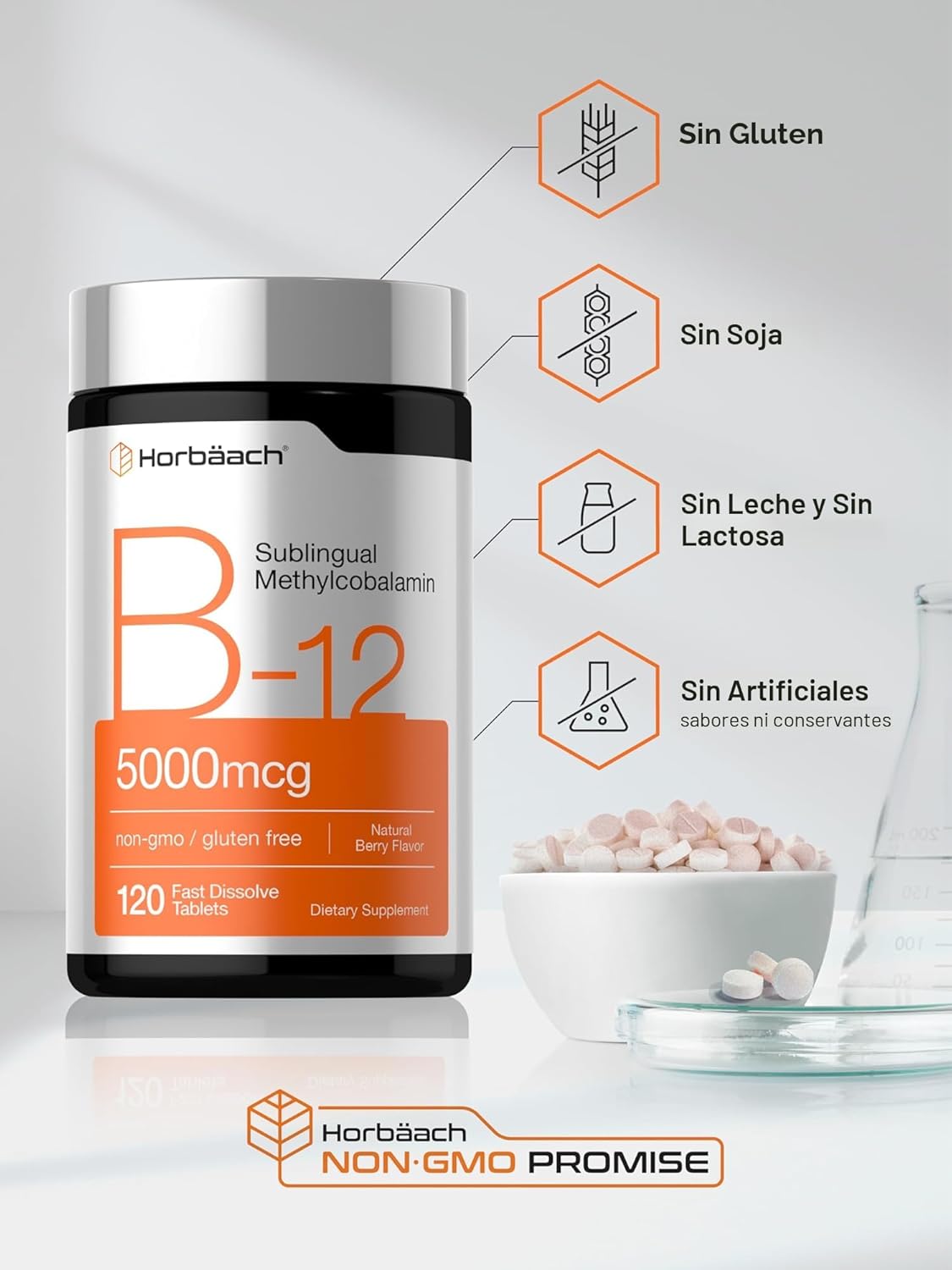 B-12 5000mcg , 120 tabletas disolventes - Horbaach