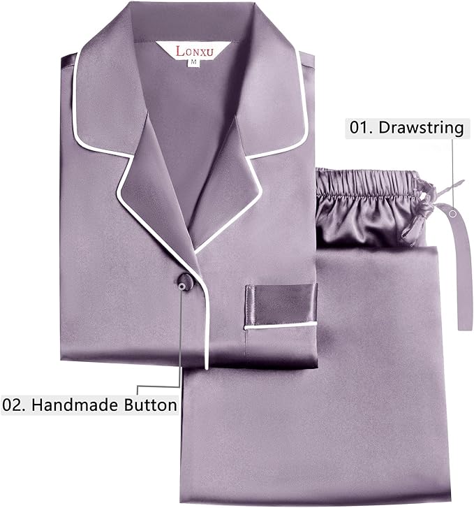 Lonxu Conjunto de pijama de satén de seda para mujer, con botones, ropa de dormir, color gray
