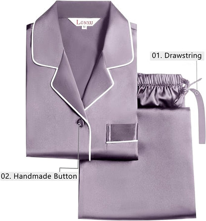 Lonxu Conjunto de pijama de satén de seda para mujer, con botones, ropa de dormir, color gray