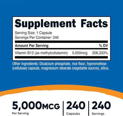 Nutricost - Vitamina B12 (Methylcobalamin) 5,000mg - 240 capsulas
