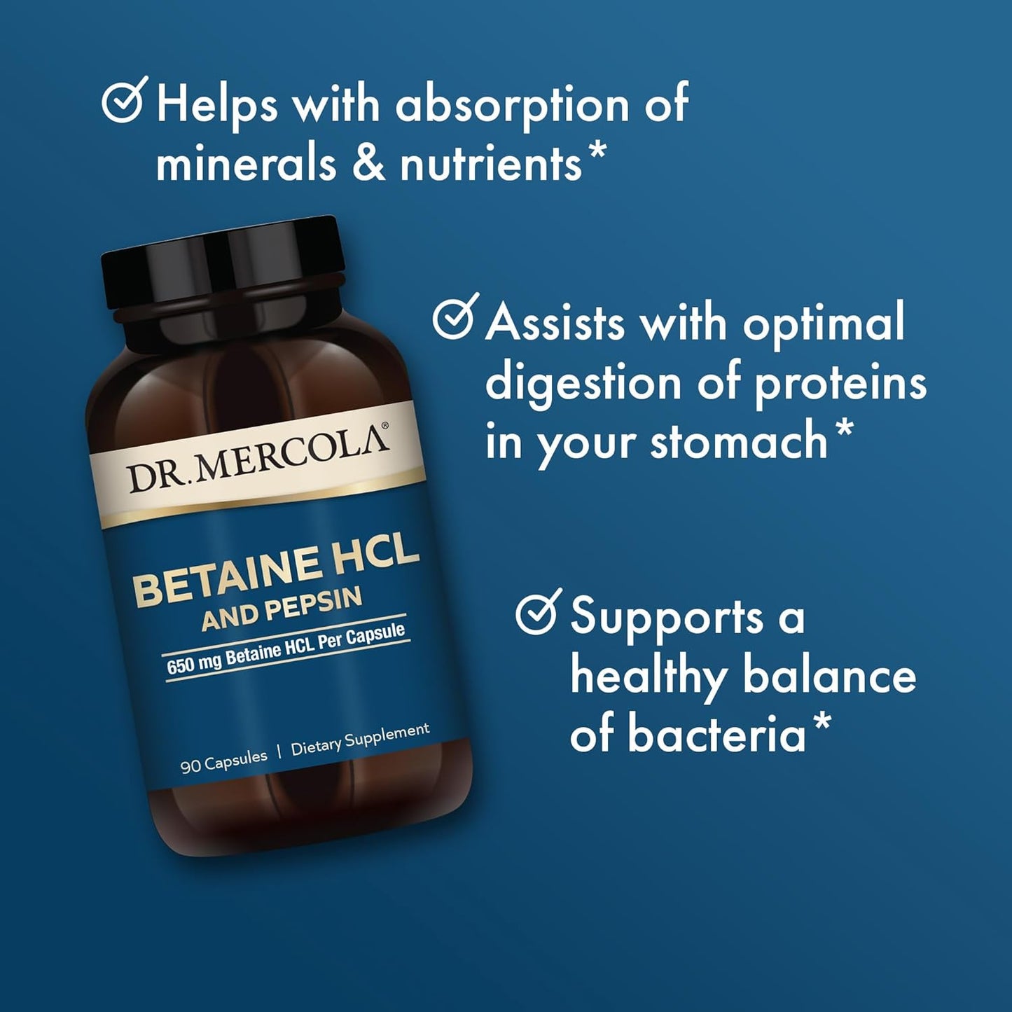Dr. Mercola Suplemento de Betaína HCL y Pepsina , 90 Capsulas.