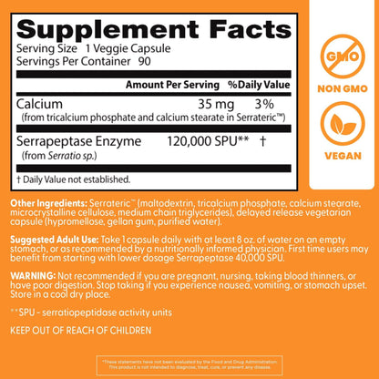Doctors Best Serrapeptasa de alta potencia, apoya la salud sinusal 120,000 SPU, 90 cápsulas vegetarianas