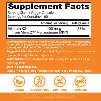 Doctor's Best Vitamina K2 Mk-7 natural con MenaQ7,  vitamina K2 de 100 mcg que apoya la salud ósea, 60 cápsulas