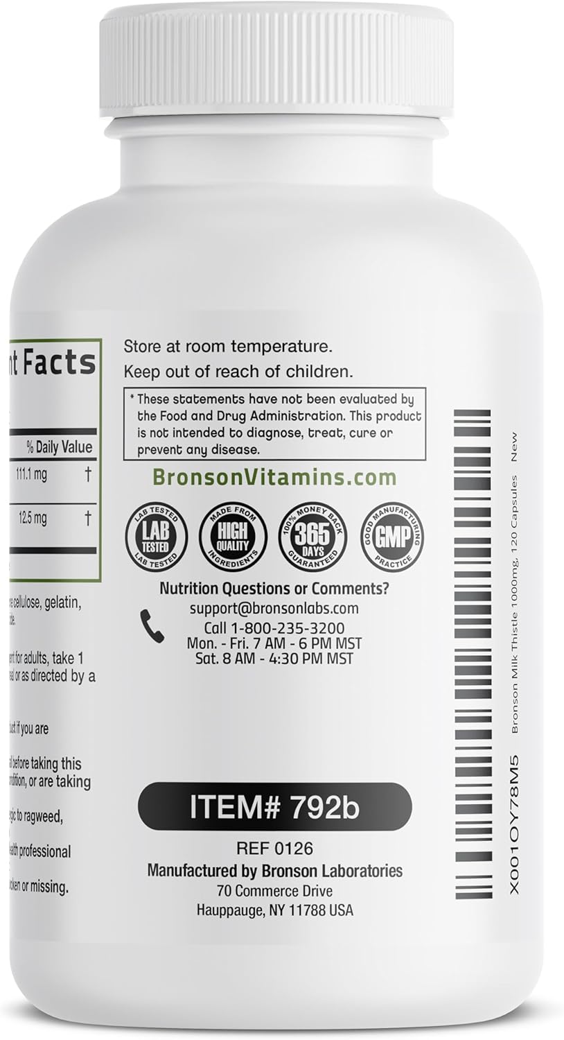 Milk Thistle Bronson, 1,000 mg, con Silymarin marianum y raíz de diente de león, suplemento para la salud hepática, 120 cápsulas