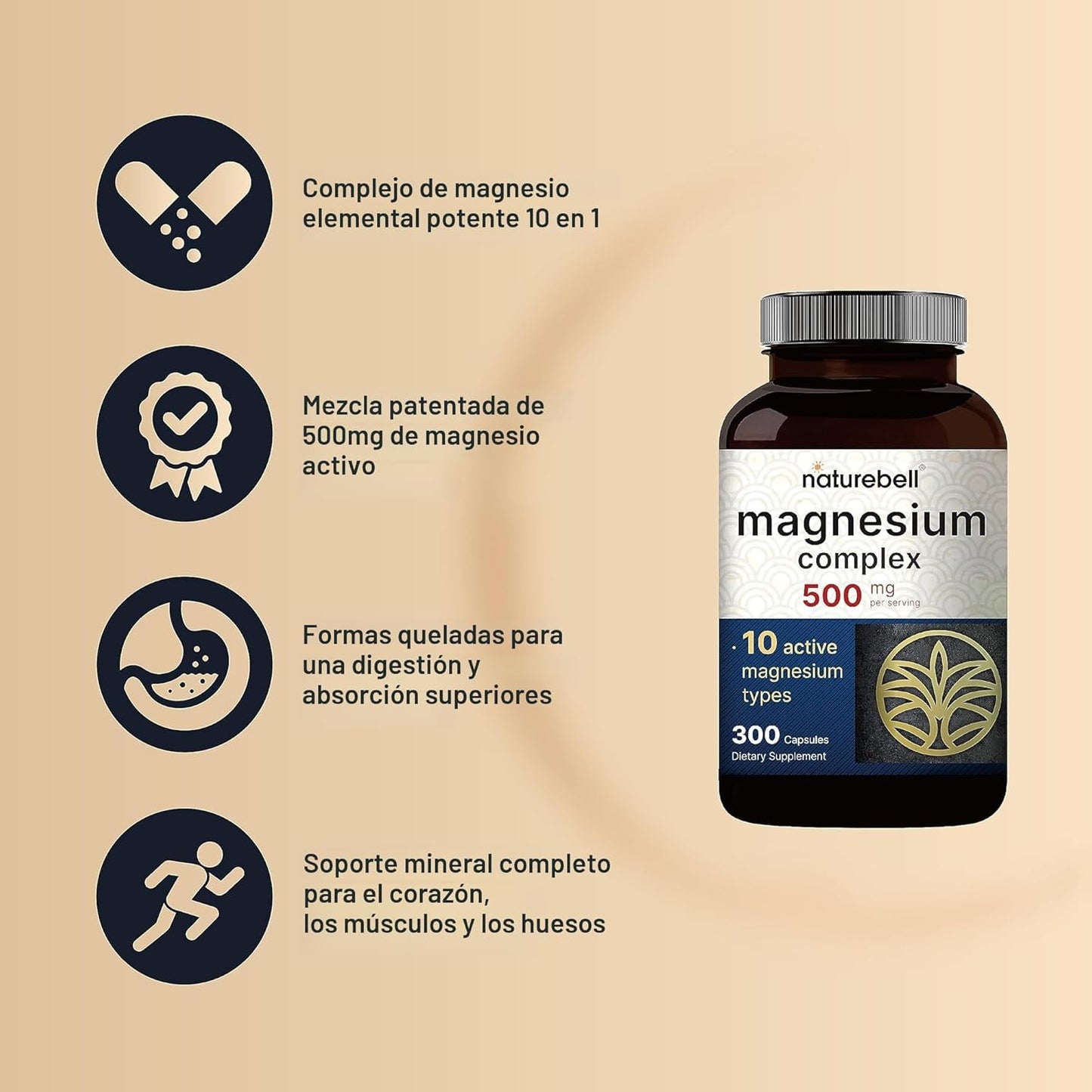 Nature Bell - Suplemento complejo de magnesio de 500 mg,  10 tiipos de magnesio en 1 - 300 cápsulas