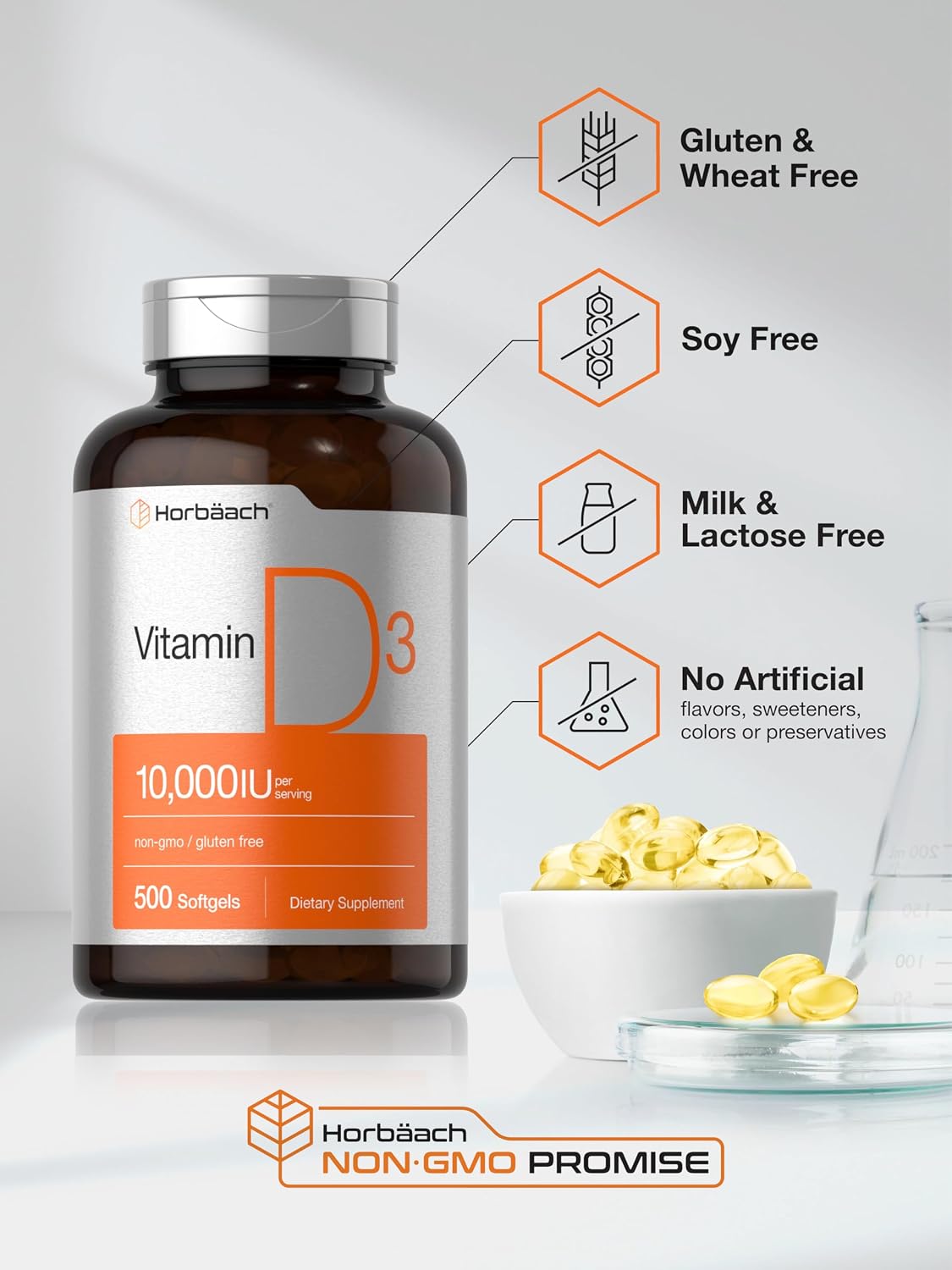 Horbäach Vitamina D3 10000 UI | 500 cápsulas blandas