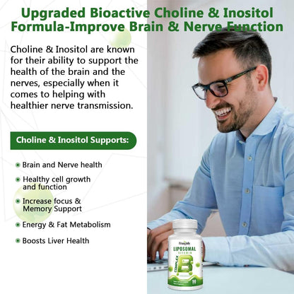 FRANGULY Vitaminas B activas del complejo B liposomal con colina e inositol, 90 cápsulas blandas de alta potencia B1, B2, B3, B5, B6, biotina, folato, B12 metilado, suplementos inmunológicos, energéticos, cerebrales y cardíacos