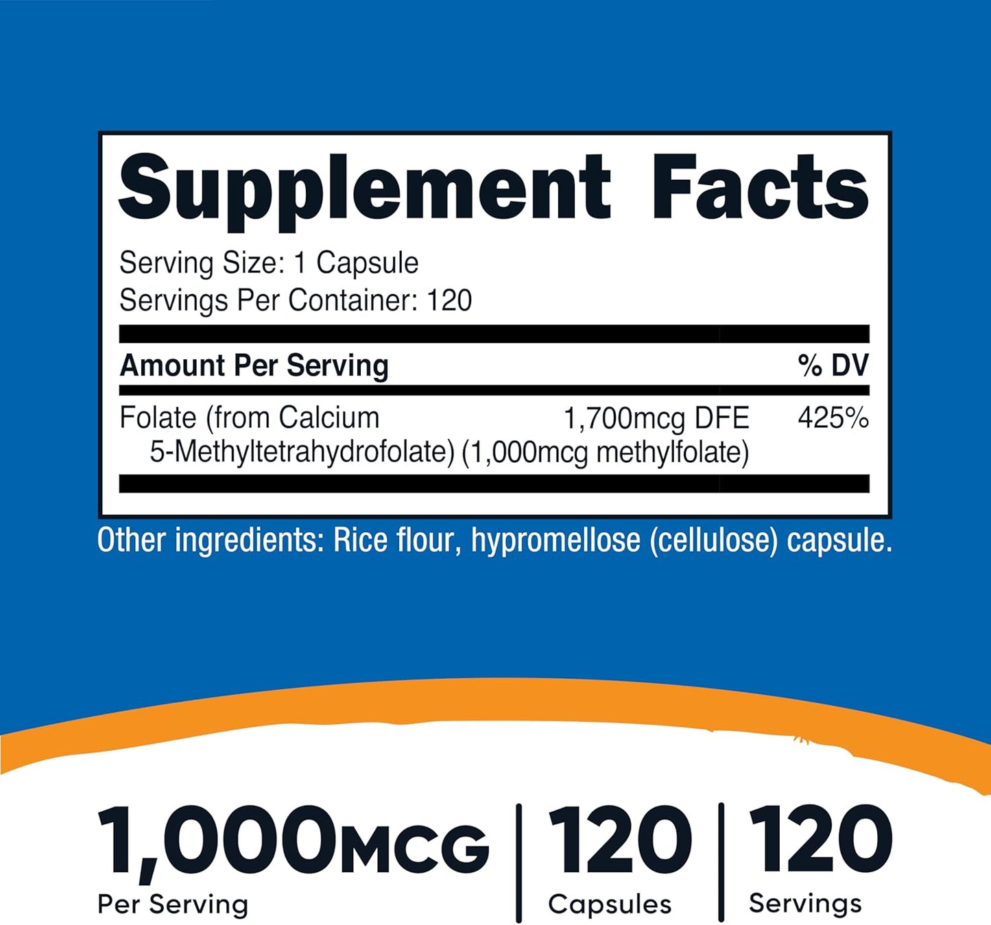 Nutricost- Methylfolate(5-MTHF) 1000mcg, 120 Vegetarian Capsules