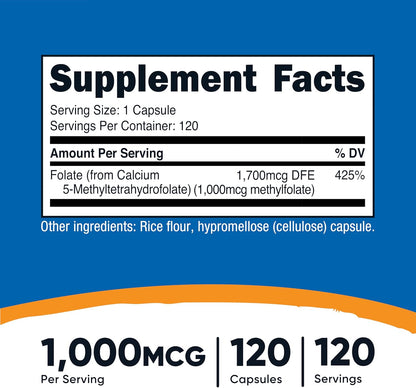 Nutricost- Methylfolate(5-MTHF) 1000mcg, 120 Vegetarian Capsules
