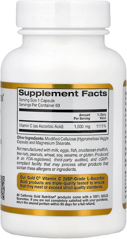 California Gold Nutrition Gold C, vitamina C de grado USP, 1,000 mg, 60 cápsulas vegetales
