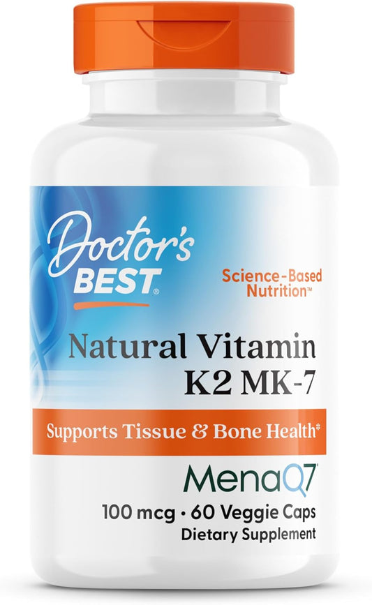 Doctor's Best Vitamina K2 Mk-7 natural con MenaQ7,  vitamina K2 de 100 mcg que apoya la salud ósea, 60 cápsulas