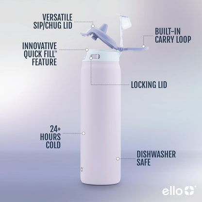 Ello - Botella de agua Pop & Fill, acero inoxidable 22OZ/651ml