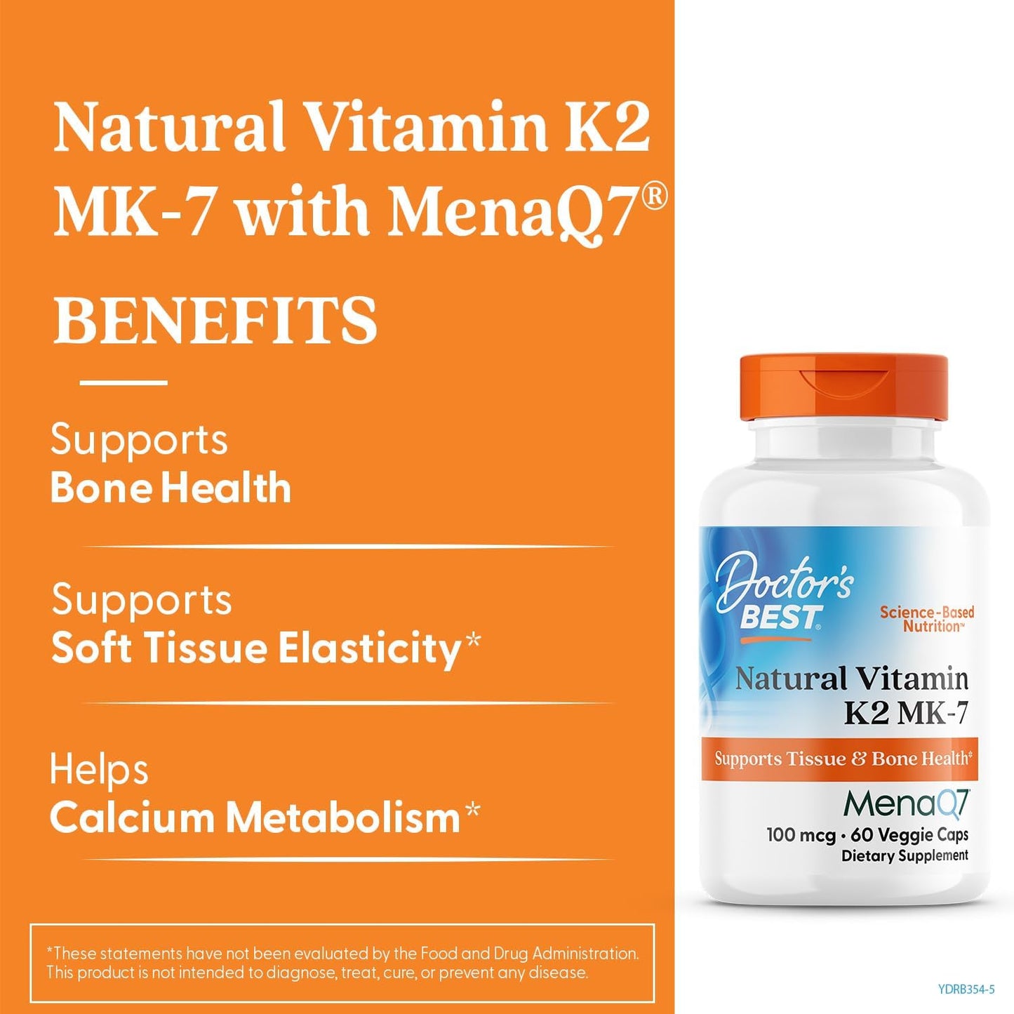 Doctor's Best Vitamina K2 Mk-7 natural con MenaQ7,  vitamina K2 de 100 mcg que apoya la salud ósea, 60 cápsulas