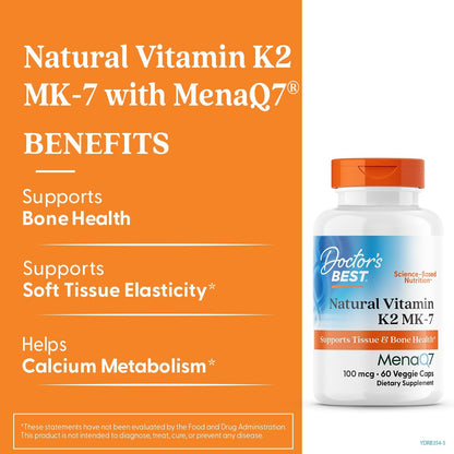 Doctor's Best Vitamina K2 Mk-7 natural con MenaQ7,  vitamina K2 de 100 mcg que apoya la salud ósea, 60 cápsulas